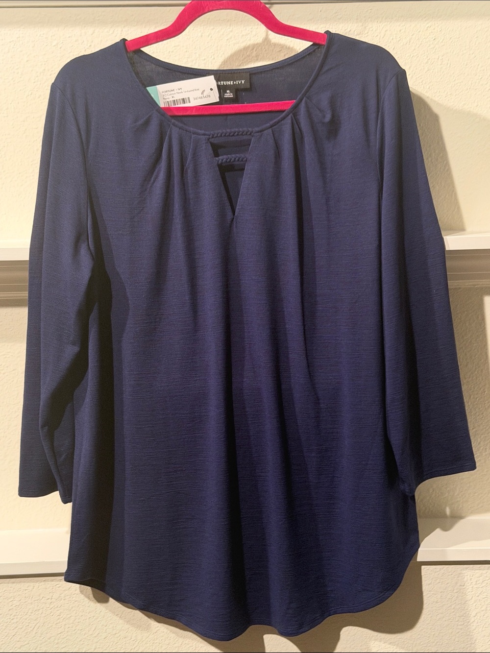 Fortune & Ivy Navy Three-Quarter Sleeve Tunic Cutout Neck and Textured Knit XL